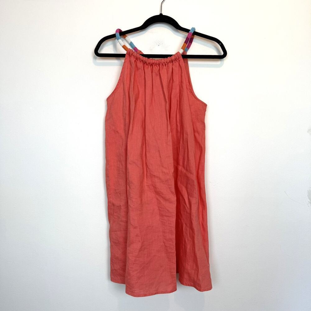 St Tropez West linen mini dress beaded collar MD beachy vacation tropical summer